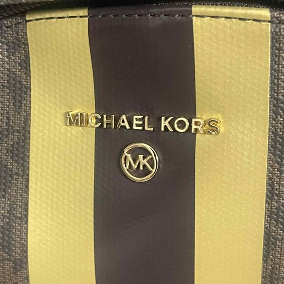 MICHAEL KORS SLATER MEDIUM LOGO METALLIC STRIPE BACKPACK BROWN GOLD - Picture 2 of 11